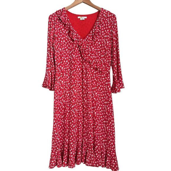 Boden Women 8 Dress Red Ditsy Floral Faux Wrap Ruffle Stretch Cottagecore Modest - Picture 1 of 11